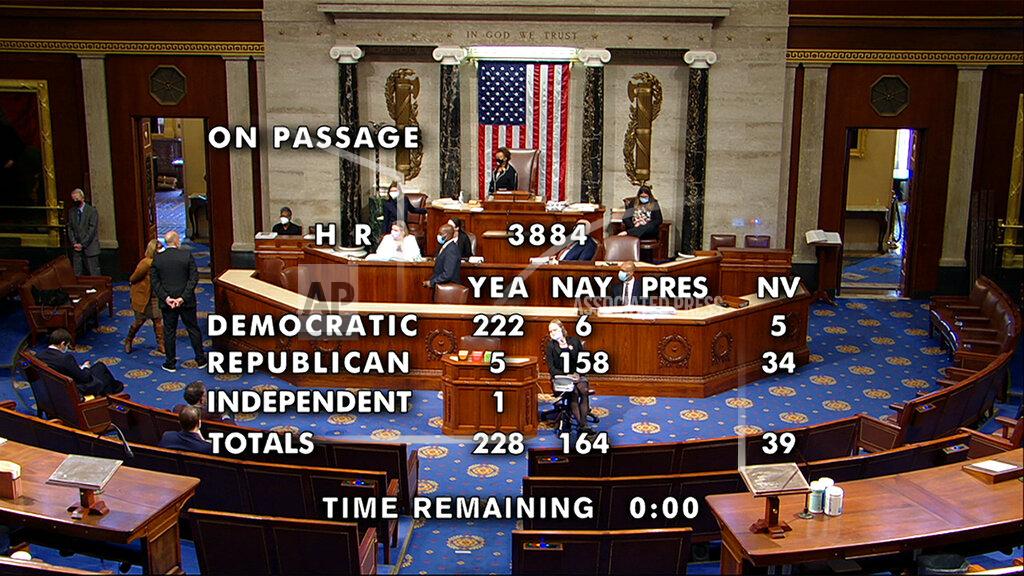 Uncredited This image from House Television shows the final vote, 228-164, in the House on passage of a bill to decriminalize and tax marijuana at the federal level. The bill now goes to the Republican-controlled Senate, where it is unlikely to move forward. (House Television via AP)