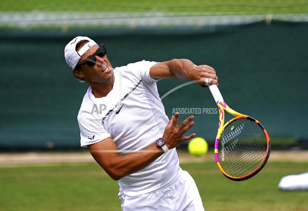 John Walton Rafael Nadal during a practice session ahead of the 2022 Wimbledon Championship at the All England Lawn Tennis and Croquet Club, Wimbledon, London, Saturday, June 25, 2022. (John Walton/PA via AP)