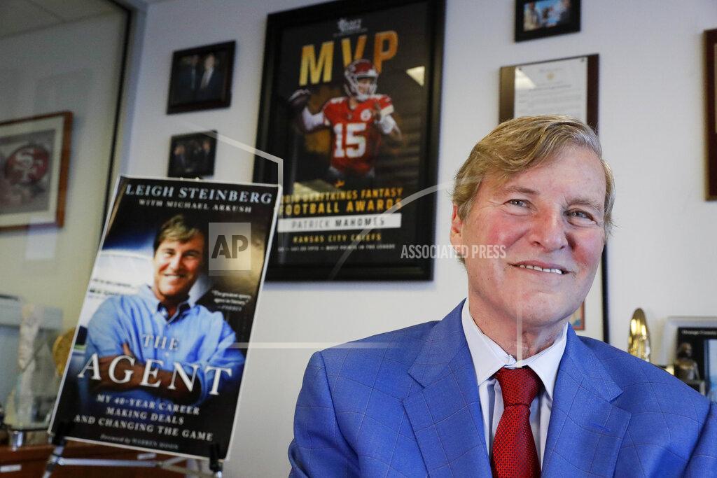 Chris Carlson Sports agent Leigh Steinberg poses for a picture at his office Thursday, Feb. 13, 2020, in Newport Beach, Calif. A decade after his personal and professional life bottomed out, Steinberg has another Super Bowl MVP client, saw another former client be elected to the Pro Football Hall of Fame and could have yet another first-round draft pick in the spring. (AP Photo/Chris Carlson)