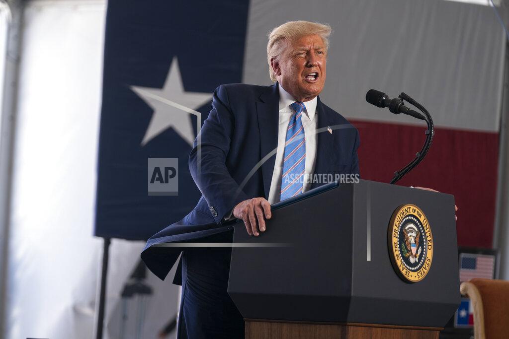 Evan Vucci President Donald Trump delivers remarks about American energy production during a visit to the Double Eagle Energy Oil Rig, Wednesday, July 29, 2020, in Midland, Texas. (AP Photo/Evan Vucci)