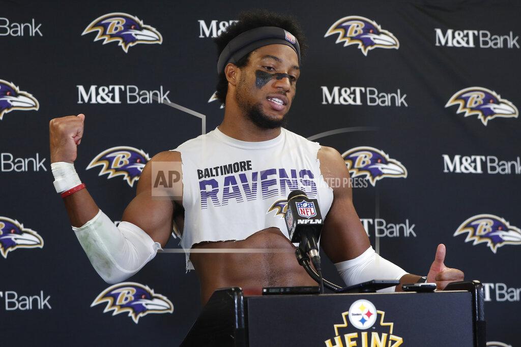Gene J. Puskar Baltimore Ravens cornerback Marlon Humphrey meets with reporters after a 26-23 overtime win over the Pittsburgh Steelers in an NFL football game in Pittsburgh, Sunday, Oct. 6, 2019. (AP Photo/Gene J. Puskar)