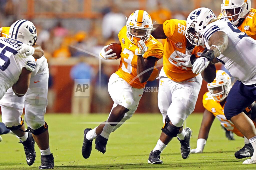 Wade Payne Tennessee running back Eric Gray (3) breaks free as he runs for yardage in the first half of an NCAA college football game against Brigham Young Saturday, Sept. 7, 2019, in Knoxville, Tenn. (AP Photo/Wade Payne)
