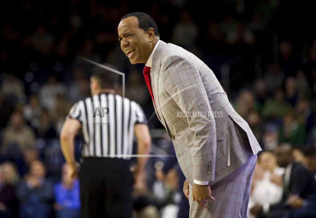 Robert Franklin North Carolina State head coach Kevin Keatts yells to players during the first half of an NCAA college basketball game against Notre Dame, Saturday, Jan. 19, 2019, in South Bend, Ind. North Carolina State won 77-73. (AP Photo/Robert Franklin)