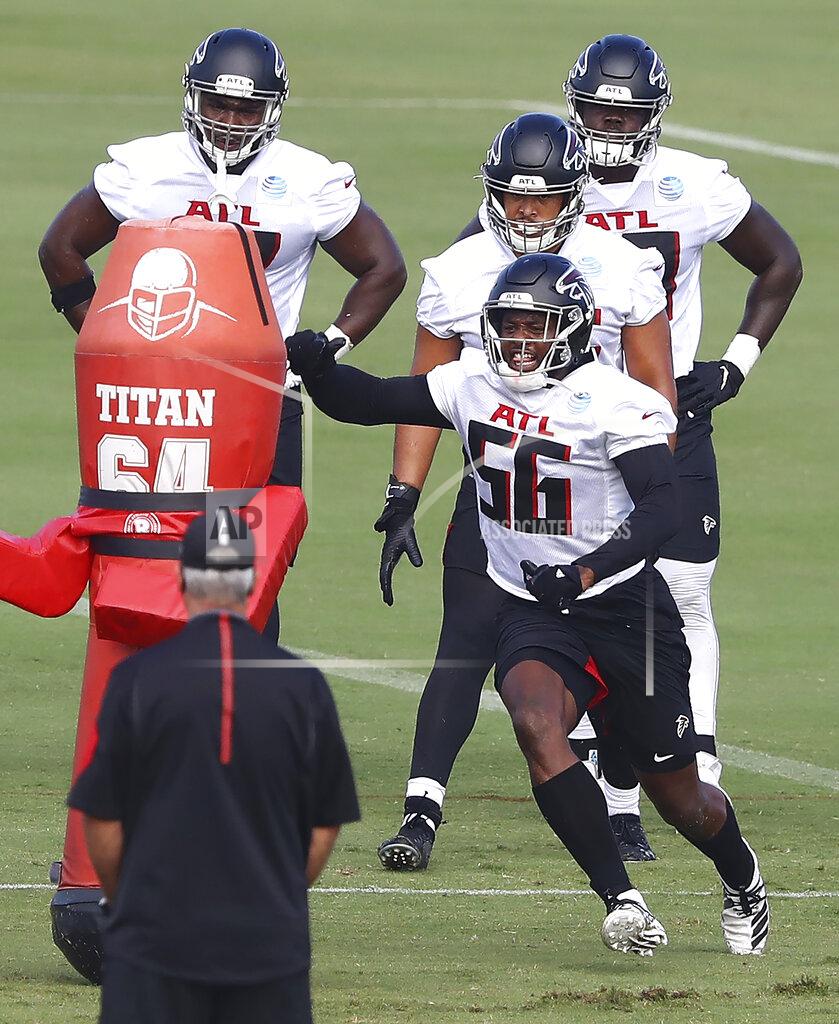 Curtis Compton Atlanta Falcons defensive end Dante Fowler (56) runs a drill during NFL football training camp on Wednesday, Aug. 19, 2020, in Flowery Branch, Ga. (Curtis Compton/Atlanta Journal-Constitution via AP, Pool)