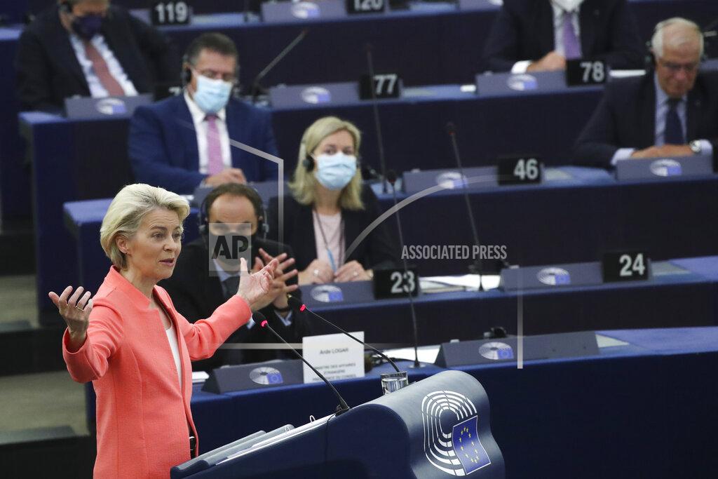 Yves Herman European Commission President Ursula von der Leyen delivers a State of the Union Address at the European Parliament in Strasbourg, France, Wednesday, Sept. 15, 2021. The European Union announced Wednesday it is committing 200 million more coronavirus vaccine doses to Africa to help curb the COVID-19 pandemic on a global scale. (Yves Herman, Pool via AP)