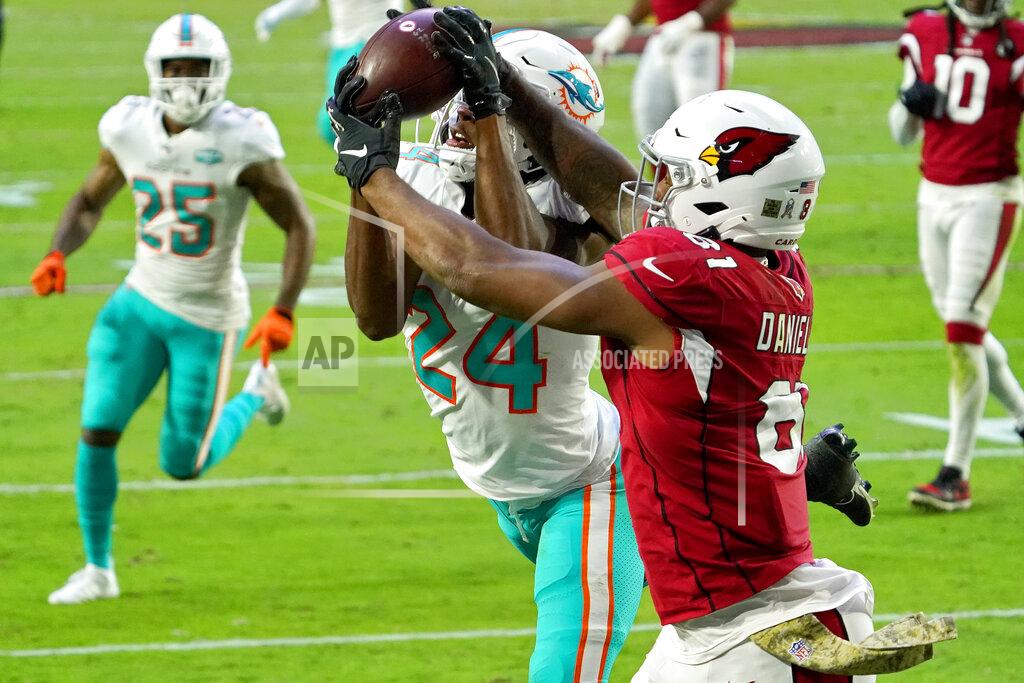 Rick Scuteri Arizona Cardinals tight end Darrell Daniels (81) pulls in a touchdown pass as Miami Dolphins cornerback Byron Jones (24) defends during the second half of an NFL football game, Sunday, Nov. 8, 2020, in Glendale, Ariz. (AP Photo/Rick Scuteri)