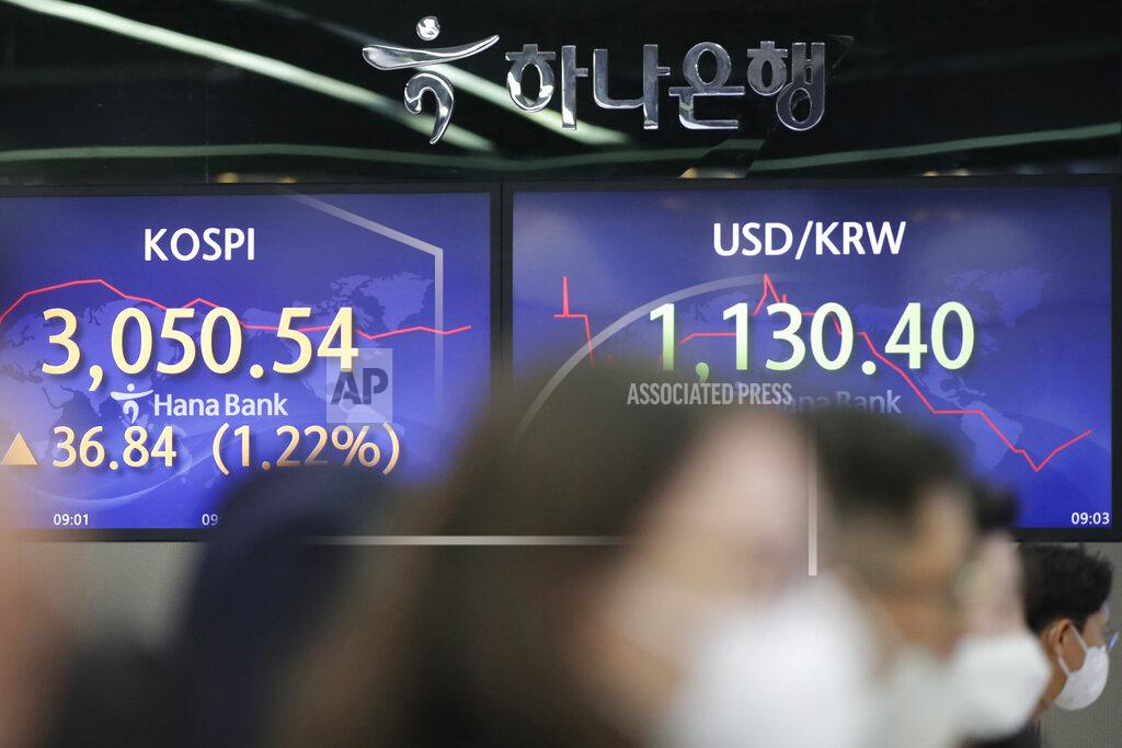 Lee Jin-Man Currency traders watch computer monitors near the screens showing the Korea Composite Stock Price Index (KOSPI), left, and the foreign exchange rate between U.S. dollar and South Korean won at the foreign exchange dealing room in Seoul, South Korea, Friday, March 12, 2021. Stocks were mixed in Asia on Friday after broad gains lifted several major indexes to all-time highs on Wall Street.(AP Photo/Lee Jin-man)