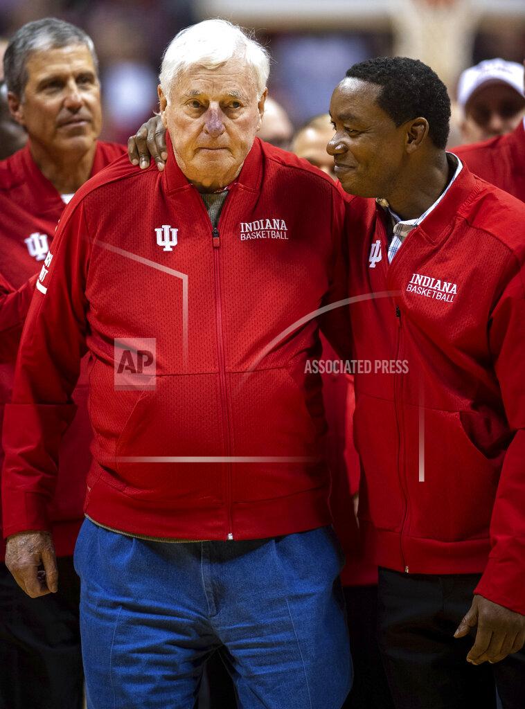 Doug Mcschooler Former Indiana basketball head coach Bobby Knight, left, makes his first appearance at Indiana University since his dismissal in September of 2000. Knight, along with former player Isiah Thomas, right, are on the court during a ceremony with the Indiana players of the 1980 Big Ten championship team the halftime of an NCAA college basketball game, Saturday, Feb. 8, 2020, in Bloomington, Ind. (AP Photo/Doug McSchooler)