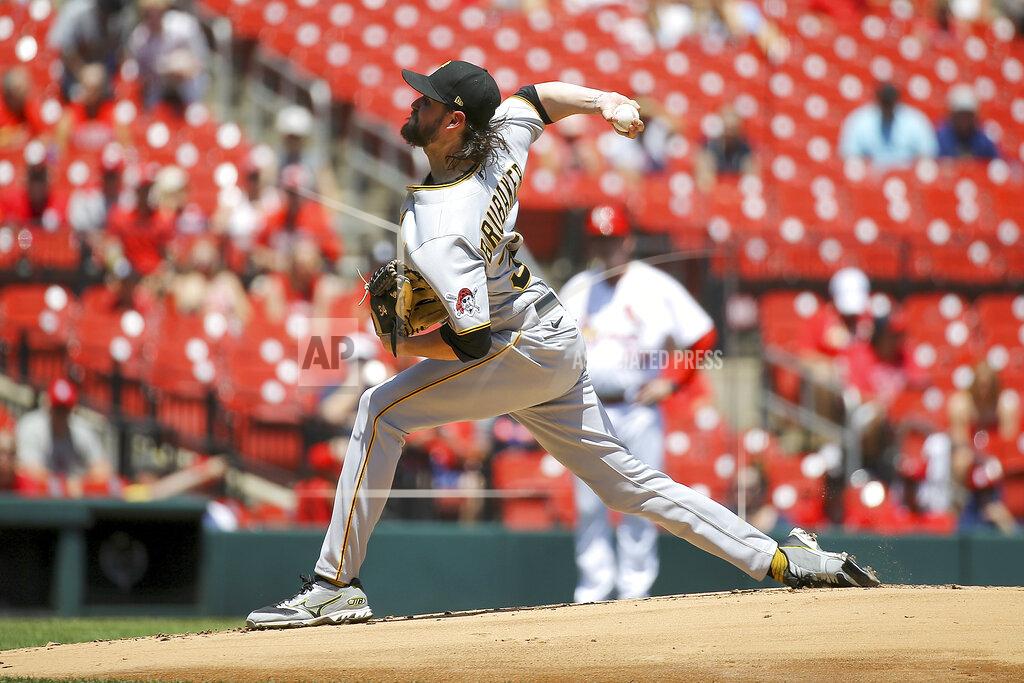 Scott Kane Pittsburgh Pirates starting pitcher JT Brubaker throws during the first inning in the first game of a baseball doubleheader against the St. Louis Cardinals, Tuesday, June 14, 2022, in St. Louis. (AP Photo/Scott Kane)