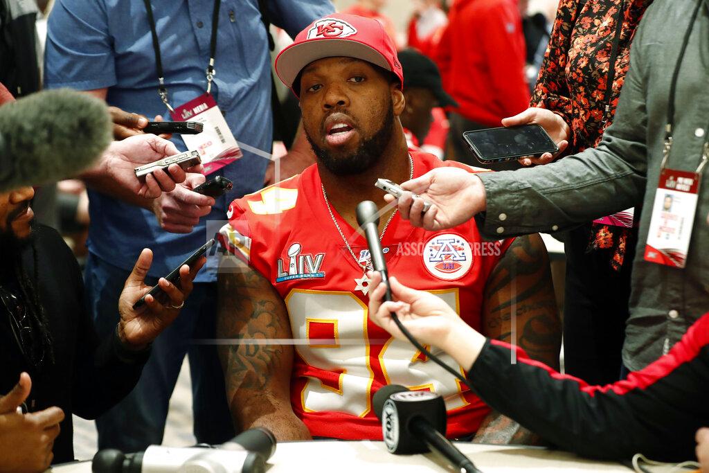 Brynn Anderson Kansas City Chiefs outside linebacker Terrell Suggs (94) speaks during a media availability, Wednesday, Jan. 29, 2020, in Aventura, Fla., for the NFL Super Bowl 54 football game. (AP Photo/Brynn Anderson)