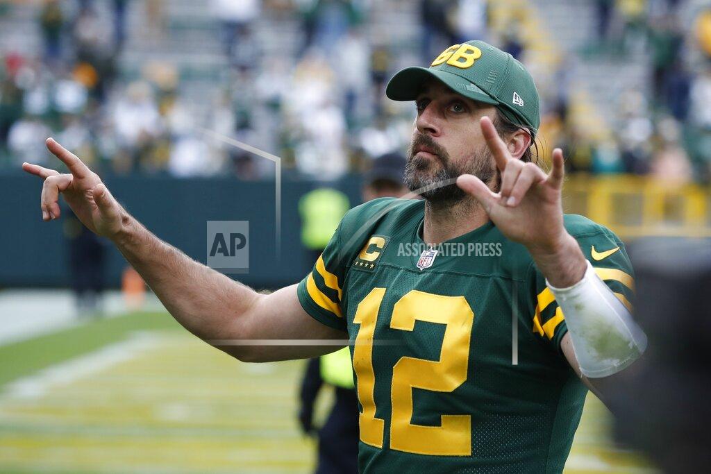 Matt Ludtke Green Bay Packers' Aaron Rodgers reacts as he leaves the field after during the second half of an NFL football game against the Washington Football Team Sunday, Oct. 24, 2021, in Green Bay, Wis. The Packers won 24-10. (AP Photo/Matt Ludtke)