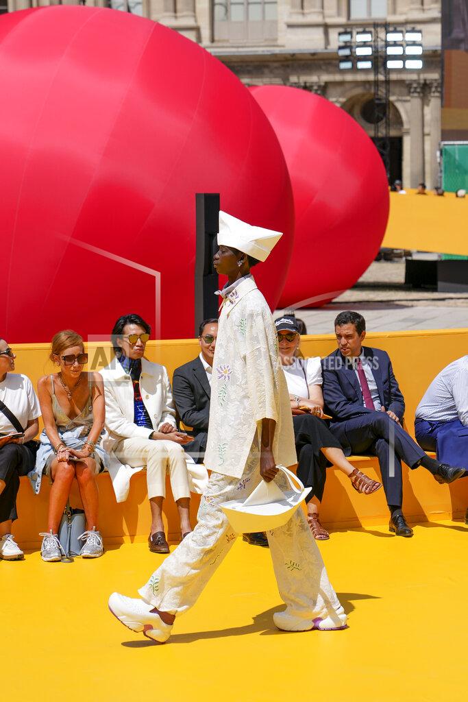 Francois Mori CORRECTS DATE A model wears a creation as part of the Louis Vuitton men's Spring Summer 2023 collection presented in Paris, France, Thursday, June 23, 2022. (AP Photo/Francois Mori)