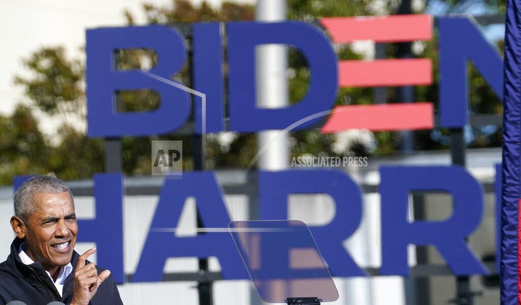 Brynn Anderson Former President Barack Obama speaks at a rally as he campaigns for Democratic presidential candidate former Vice President Joe Biden, Monday, Nov. 2, 2020, at Turner Field in Atlanta. (AP Photo/Brynn Anderson)