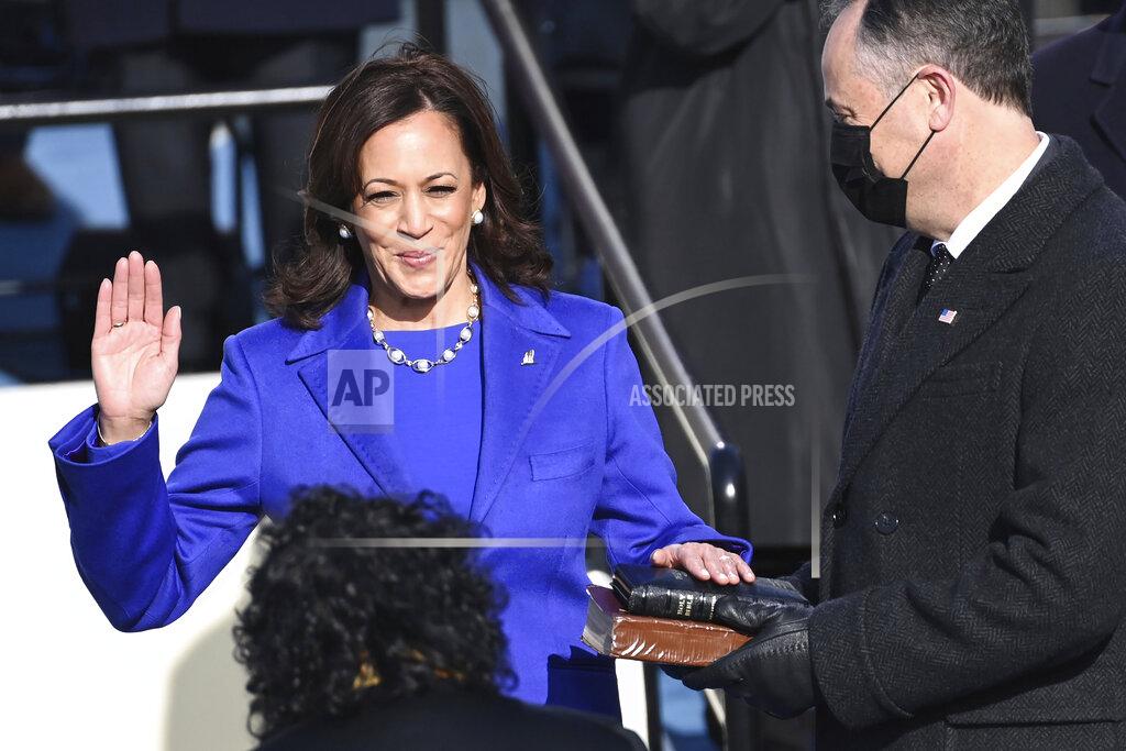 Saul Loeb Kamala Harris is sworn in as vice president by Supreme Court Justice Sonia Sotomayor as her husband Doug Emhoff holds the Bible during the 59th Presidential Inauguration at the U.S. Capitol in Washington, Wednesday, Jan. 20, 2021.(Saul Loeb/Pool Photo via AP)