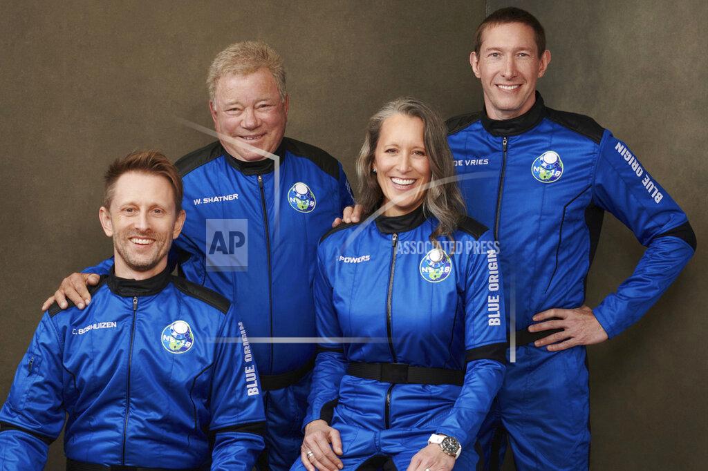 Uncredited This undated photo made available by Blue Origin in October 2021 shows, from left, Chris Boshuizen, William Shatner, Audrey Powers and Glen de Vries. Their launch scheduled for Wednesday, Oct. 13, 2021 will be Blue Origin’s second passenger flight, using the same capsule and rocket that Jeff Bezos used for his own trup three months earlier. (Blue Origin via AP)