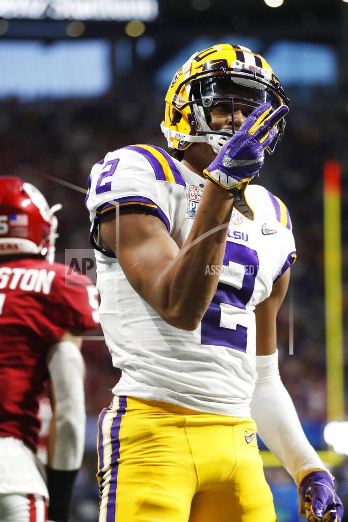 John Bazemore LSU wide receiver Justin Jefferson (2) celebrates a touchdown catch against Oklahoma during the first half of the Peach Bowl NCAA semifinal college football playoff game, Saturday, Dec. 28, 2019, in Atlanta.(AP Photo/John Bazemore)