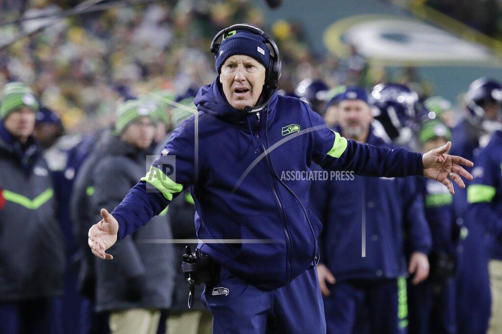 Darron Cummings Seattle Seahawks head coach Pete Carroll reacts during the second half of an NFL divisional playoff football game against the Green Bay Packers Sunday, Jan. 12, 2020, in Green Bay, Wis. (AP Photo/Darron Cummings)
