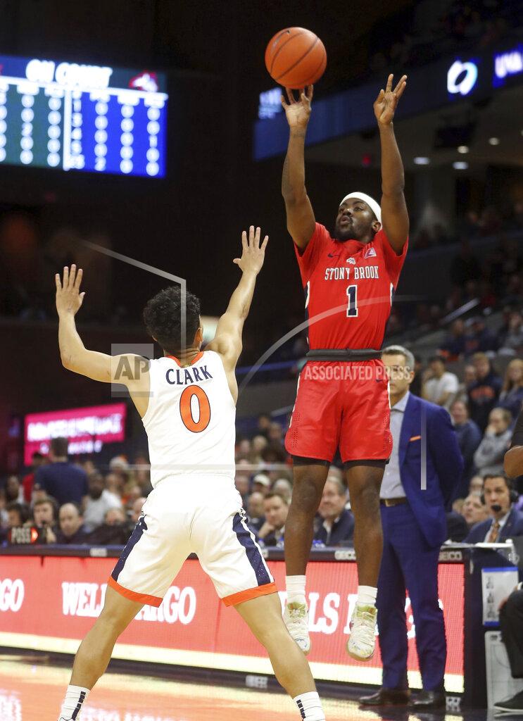 Andrew Shurtleff Stony Brook guard Makale Foreman (1) shoots over Virginia guard Kihei Clark (0) during an NCAA college basketball game in Charlottesville, Va., Wednesday, Dec. 18, 2019. (AP Photo/Andrew Shurtleff)