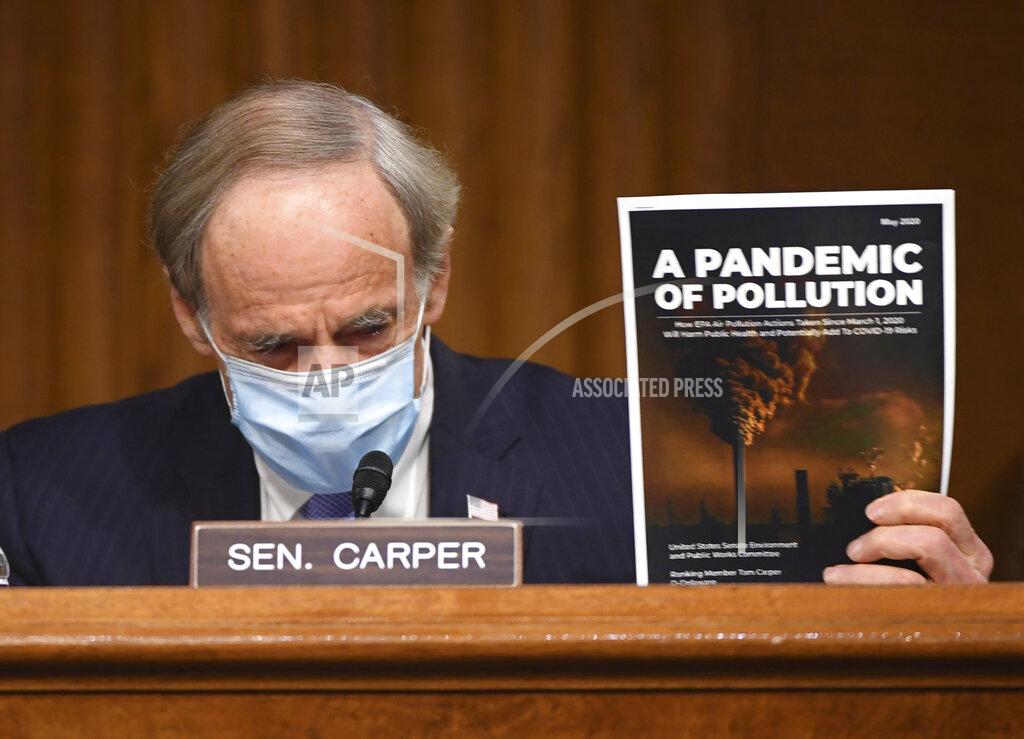 Kevin Dietsch Ranking member Sen. Tom Carper, D-Del., delivers opening remarks during a Senate Environment and Public Works Committee oversight hearing to examine the Environmental Protection Agency, Wednesday, May 20, 2020 on Capitol Hill in Washington. (Kevin Dietsch/Pool via AP)