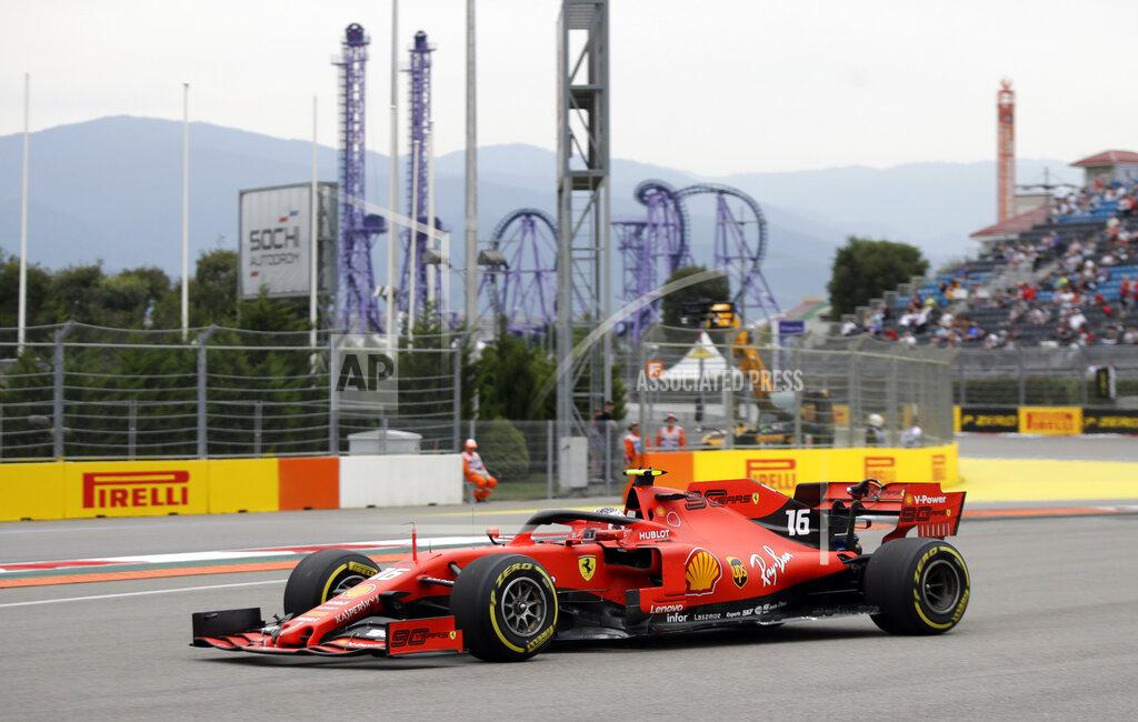 Luca Bruno Ferrari driver Charles Leclerc of Monaco steers his car during the second free practice at the 'Sochi Autodrom' Formula One circuit, in Sochi, Russia, Friday, Sept. 27, 2019. The Formula one race will be held on Sunday. (AP Photo/Luca Bruno)