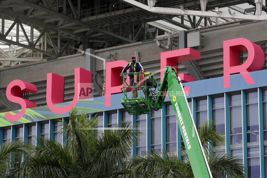 Chris Carlson A worker strings wire outside of the Hard Rock Stadium Monday, Jan. 27, 2020, in Miami Gardens, Fla. in preparation for the NFL Super Bowl 54 football game. (AP Photo/Chris Carlson)