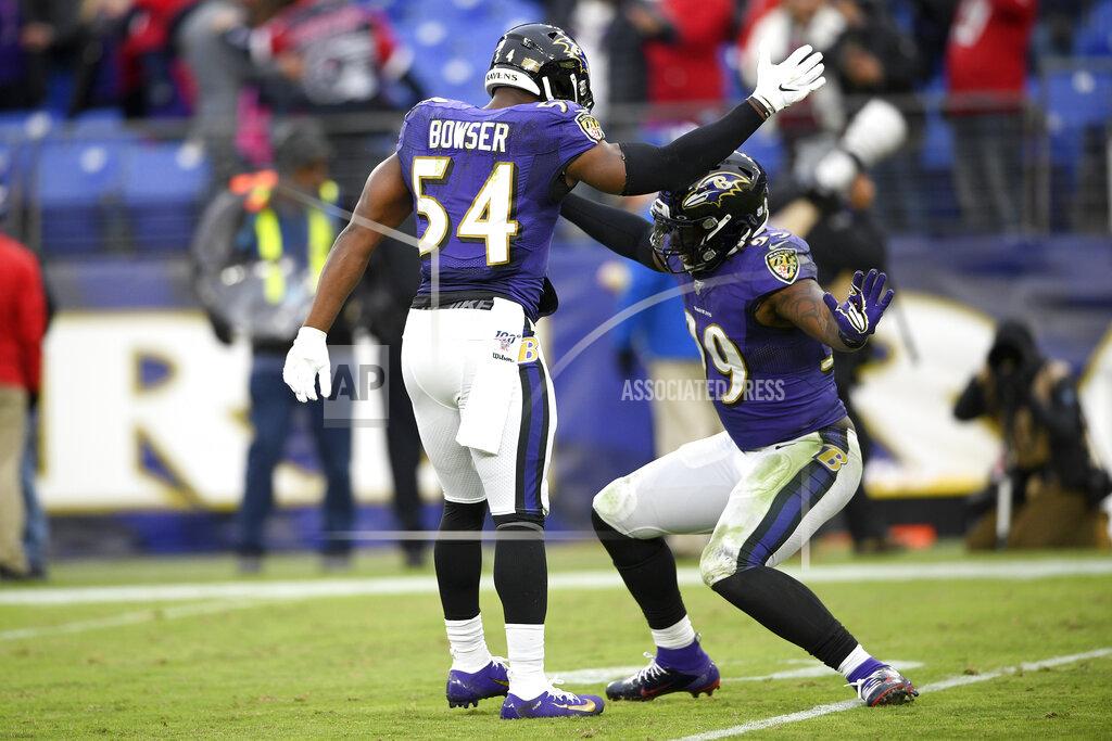 Nick Wass Baltimore Ravens linebacker Tyus Bowser (54) and outside linebacker Matt Judon (99) celebrate after a play against the Houston Texans during the second half of an NFL football game, Sunday, Nov. 17, 2019, in Baltimore. The Ravens won 41-7. (AP Photo/Nick Wass)