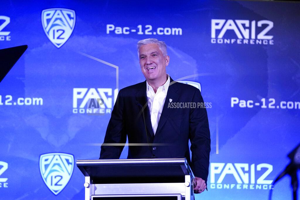Marcio Jose Sanchez Pac-12 Commissioner George Kliavkoff speaks during the Pac-12 Conference NCAA college football Media Day Tuesday, July 27, 2021, in Los Angeles. (AP Photo/Marcio Jose Sanchez)