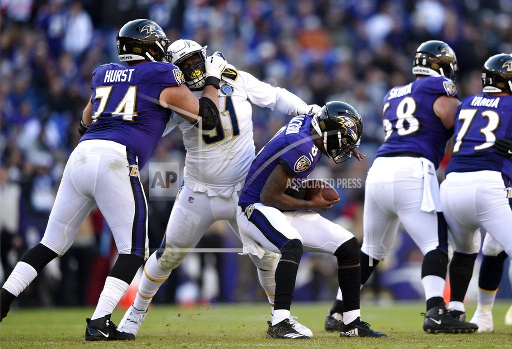 Gail Burton Baltimore Ravens quarterback Lamar Jackson (8) is sacked by Los Angeles Chargers defensive tackle Justin Jones (91) in the second half of an NFL wild card playoff football game, Sunday, Jan. 6, 2019, in Baltimore. (AP Photo/Gail Burton)