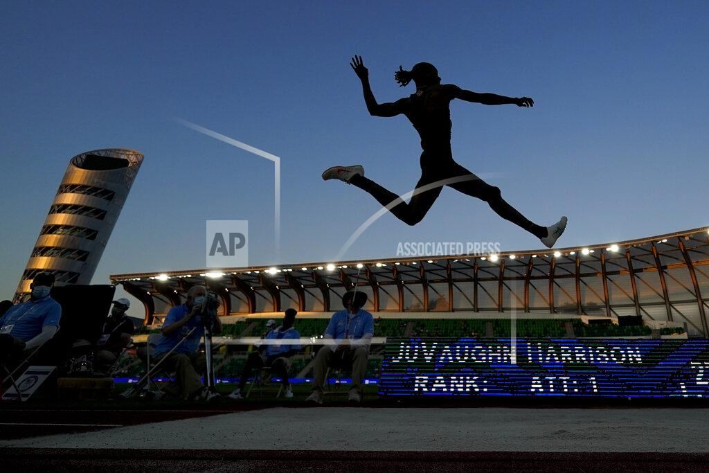 Charlie Riedel FILE - In this June 27, 2021, file photo, JuVaughn Harrison competes during the finals of the men's long jump at the U.S. Olympic Track and Field Trials in Eugene, Ore. Harrison will compete at the Tokyo Games in the long jump and the high jump. Not since the days of Jim Thorpe in 1912 has an American man made the team in those two events at one Olympics. (AP Photo/Charlie Riedel, File)