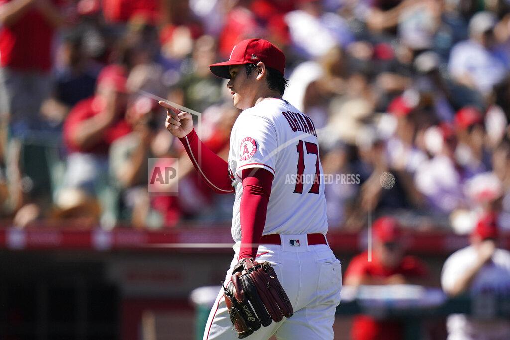 Jae C. Hong Los Angeles Angels starting pitcher Shohei Ohtani points to catcher Max Stassi after the sixth inning of a baseball game against the Oakland Athletics, Sunday, Sept. 19, 2021, in Anaheim, Calif. (AP Photo/Jae C. Hong)