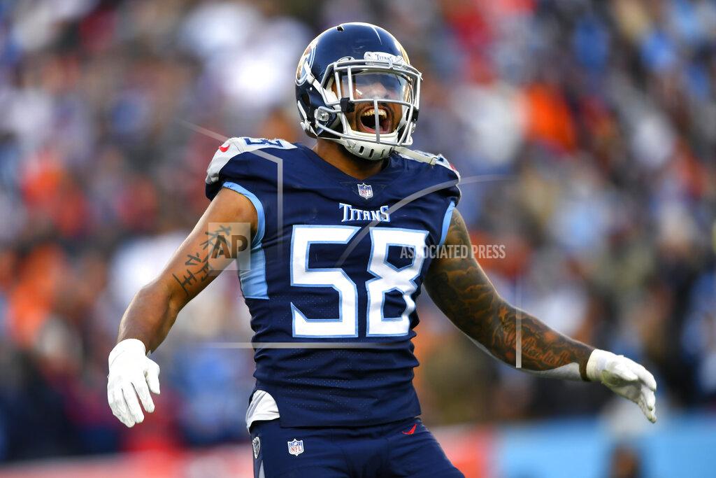 John Amis Tennessee Titans outside linebacker Harold Landry (58) celebrates a sack of Cincinnati Bengals quarterback Joe Burrow during the first half of an NFL divisional round playoff football game, Saturday, Jan. 22, 2022, in Nashville, Tenn. (AP Photo/John Amis)