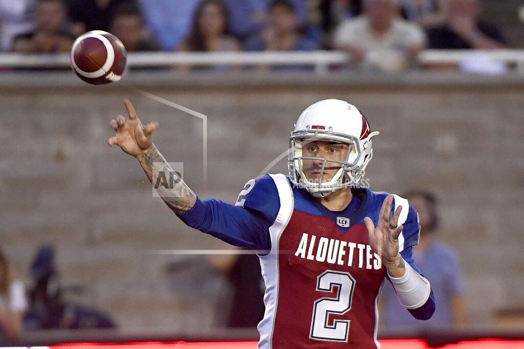 Paul Chiasson FILE - In this Aug. 3, 2018, file photo, Montreal Alouettes quarterback Johnny Manziel (2) throws a pass during the first half of a Canadian Football League game against the Hamilton Tiger-Cats in Montreal. Manziel has been signed by the Alliance of American Football and will join the Memphis Express. The quarterback's rights belonged to San Antonio of the spring league, but that team declined to sign him and Manziel then was free to join any of the other seven clubs. (Paul Chiasson/The Canadian Press via AP, File)
