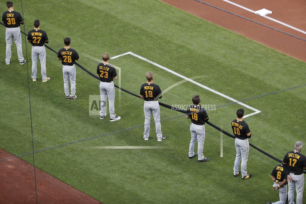 Jeff Roberson Members of the Pittsburgh Pirates hold a black ribbon in honor of Black Lives Matter before the start of a baseball game against the St. Louis Cardinals on opening day for the two teams Friday, July 24, 2020, in St. Louis. (AP Photo/Jeff Roberson)