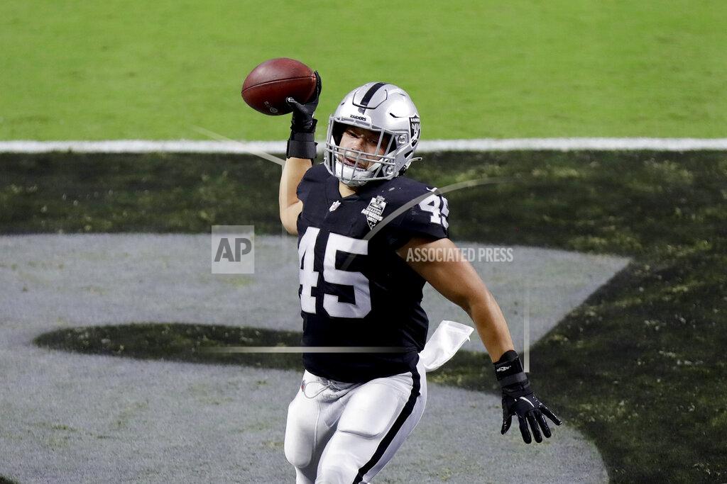 Isaac Brekken Las Vegas Raiders fullback Alec Ingold (45) celebrates after scoring a touchdown against the New Orleans Saints during the first half of an NFL football game, Monday, Sept. 21, 2020, in Las Vegas. (AP Photo/Isaac Brekken)
