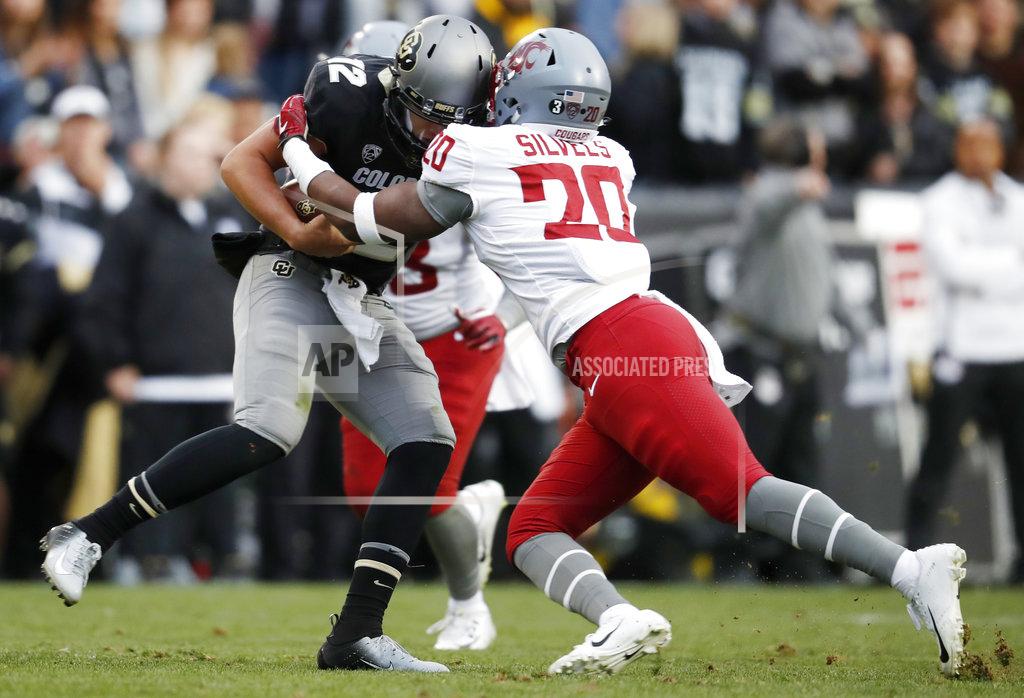 David Zalubowski Washington State linebacker Dominick Silvels, right, sacks Colorado quarterback Steven Montez for a loss in the second half of an NCAA college football game Saturday, Nov. 10, 2018, in Boulder, Colo. Washington State won 31-7. (AP Photo/David Zalubowski)