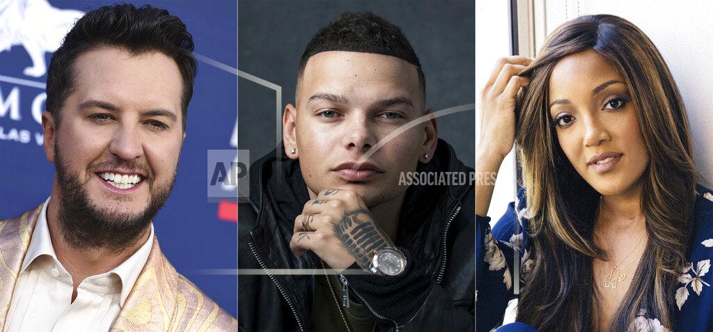 Uncredited This combination photo shows country singers, from left, Luke Bryan, Kane Brown and Mickey Guyton who will perform at this year's ACM Awards in Nashville. (AP Photo)