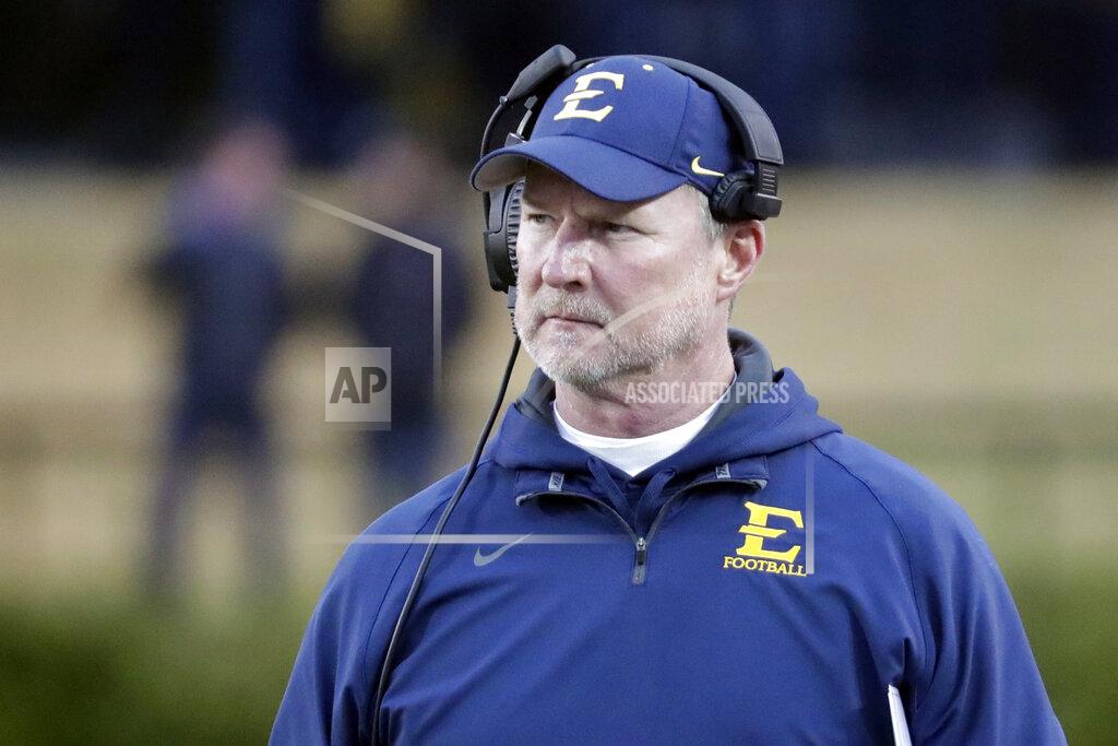 Mark Humphrey ETSU head coach Randy Sanders watches from the sideline in the first half of an NCAA college football game against the Vanderbilt Saturday, Nov. 23, 2019, in Nashville, Tenn. (AP Photo/Mark Humphrey)