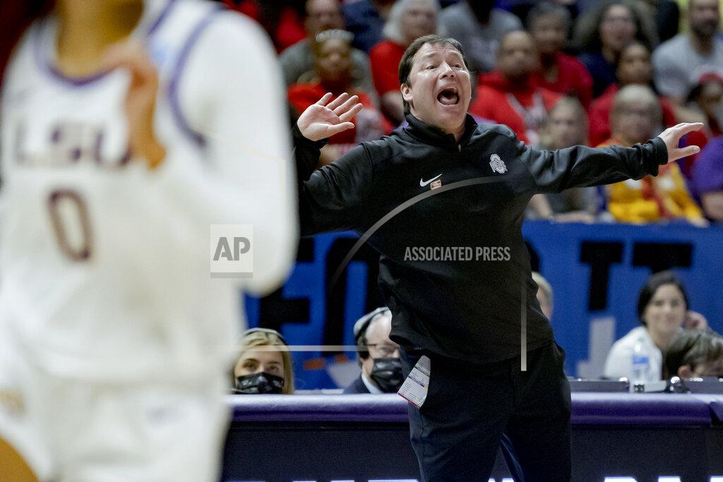 Matthew Hinton Ohio State head coach Kevin McGuff reacts during the first half of a college basketball game against LSU in the second round of the NCAA tournament, Monday, March 21, 2022, in Baton Rouge, La. (AP Photo/Matthew Hinton)
