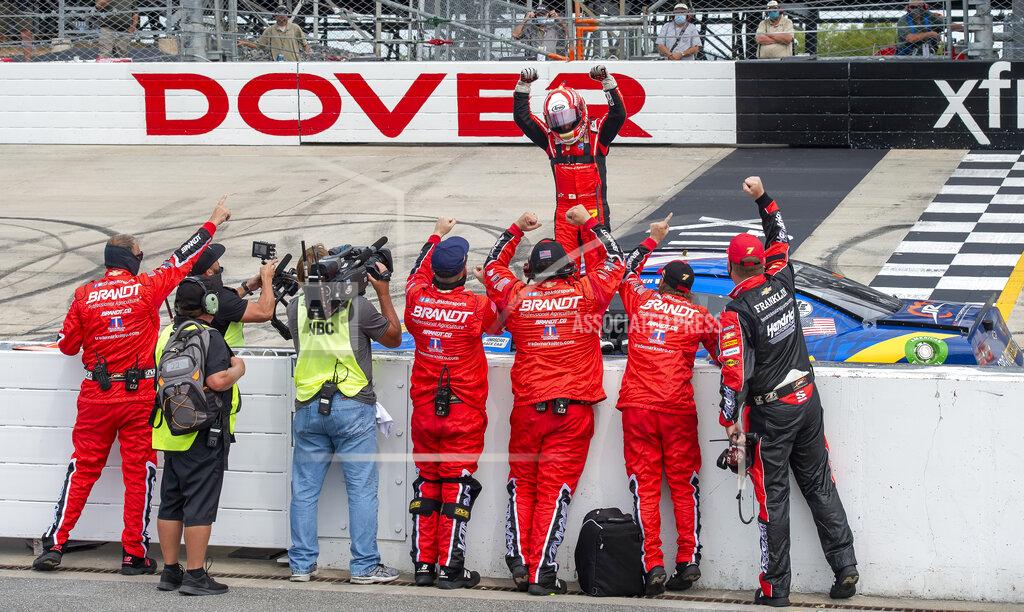 Jason Minto Justin Allgaier (7) wins the NASCAR Xfinity Series race at Dover International Speedway, Saturday, Aug. 22, 2020, in Dover, Del. (AP Photo/Jason Minto)