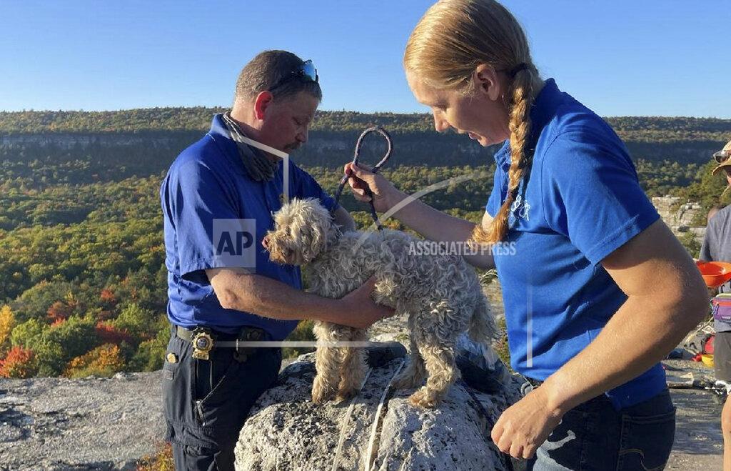 Uncredited In this photo provided by New York State Parks on Wednesday, Oct. 13, 2021, Ulster County SPCA Executive Director Gina Carbonari, right, and SPCA Supervisor Chris West, left, check a rescued a 12-year-old dog named Liza, found trapped after five days deep inside the narrow, rocky crevice at Minnewaska State Park Preserve in Kerhonkson, N.Y. A dog trapped for five days deep inside a narrow, rocky crevice at a state park north of New York City was rescued unharmed — though it was hungry and thirsty, parks officials said Wednesday. (New York State Parks via AP)