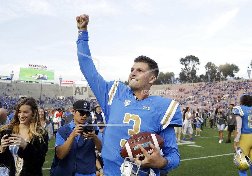 Marcio Jose Sanchez UCLA quarterback Wilton Speight (3) celebrates after a win over Southern California in an NCAA college football game Saturday, Nov. 17, 2018, in Pasadena, Calif. (AP Photo/Marcio Jose Sanchez)