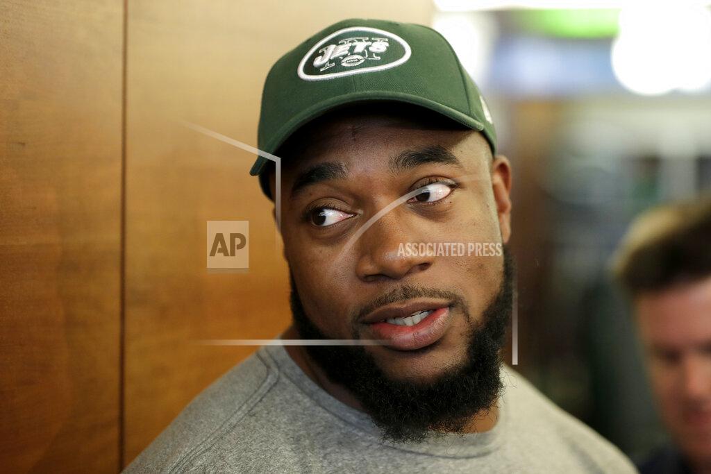 FILE - In this Saturday, May 5, 2018 file photo, New York Jets' Nathan Shepherd, who was drafted in the third round of the 2018 draft, speaks to reporters during NFL rookie camp in Florham Park, N.J. New York Jets defensive lineman Nathan Shepherd has been suspended six games by the NFL for violating the league's policy on performance-enhancers.
The NFL announced the suspension Tuesday, Sept. 10, 2019. (AP Photo/Julio Cortez, File)