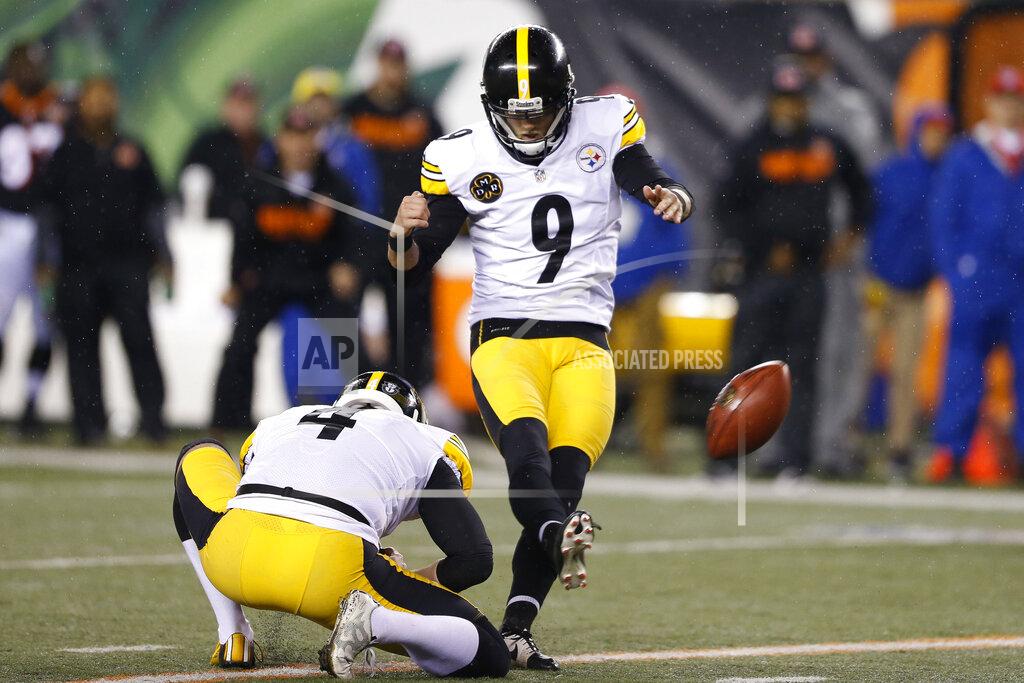 Gary Landers FILE = In this Dec. 4, 2017, file photo, Pittsburgh Steelers kicker Chris Boswell (9) kicks a field goal from the hold of Jordan Berry (4) against the Cincinnati Bengals, in Cincinnati. The Steelers kicker knows his underwhelming 2018 season directly contributed to the Steelers missing the playoffs. Yet rather than reinvent his offseason routine, he doubled down confident, he could bounce back.(AP Photo/Gary Landers, File)