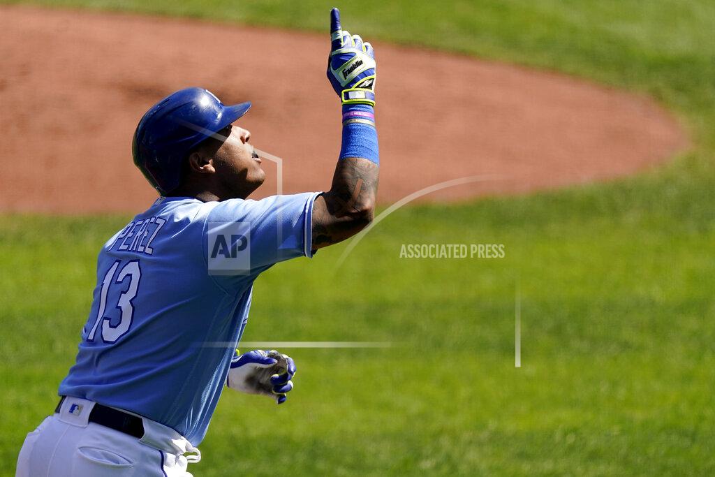 Charlie Riedel Kansas City Royals' Salvador Perez celebrates after hitting a two-run home run during the first inning of a baseball game against the Oakland Athletics Thursday, Sept. 16, 2021, in Kansas City, Mo. (AP Photo/Charlie Riedel)