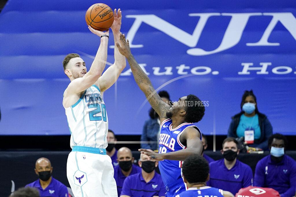 Matt Slocum Charlotte Hornets' Gordon Hayward, left, goes up for a shot against Philadelphia 76ers' Shake Milton during the first half of an NBA basketball game, Monday, Jan. 4, 2021, in Philadelphia. (AP Photo/Matt Slocum)
