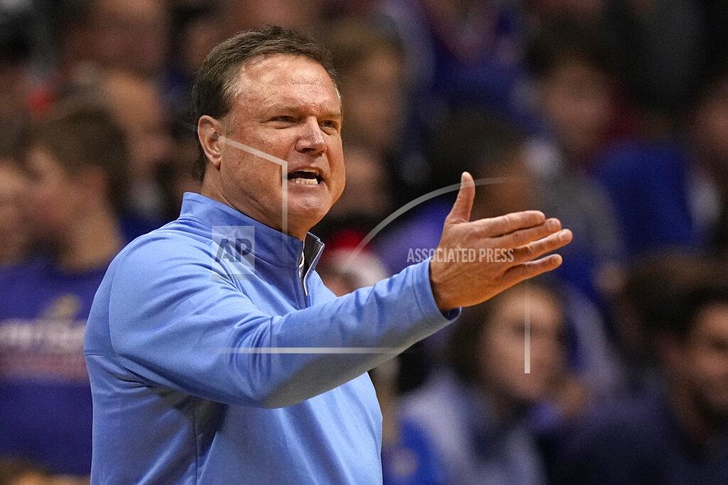 Charlie Riedel Kansas head coach Bill Self talks to his players during the second half of an NCAA college basketball game against Stephen F. Austin Saturday, Dec. 18, 2021, in Lawrence, Kan. (AP Photo/Charlie Riedel)
