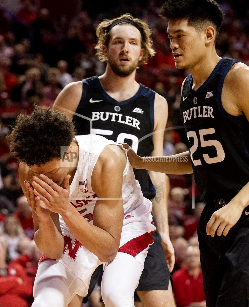 Francis Gardler Nebraska forward Isaiah Roby (15) reacts after losing the ball, next to Butler's Joey Brunk (50) and Christian David (25) during the first half of an NCAA college basketball game in the NIT on Wednesday, March 20, 2019, in Lincoln, Neb. (Francis Gardler/Lincoln Journal Star via AP)