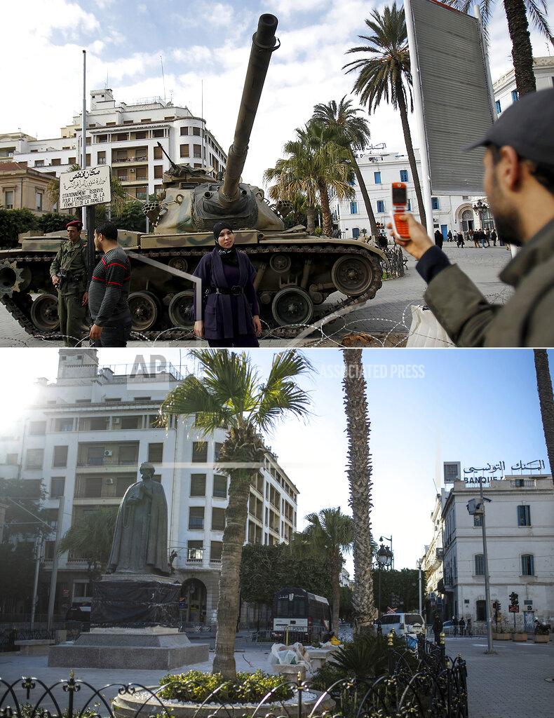 Uncredited A combo image showing a woman posing next to a tank in central Tunis, Friday, Jan. 21 2011, top, and an empty street near Tunis' landmark Avenue Habib Bourgiba, on the tenth anniversary of the uprising, due to a national lockdown after a surge in Covid-19 cases, in Tunis, Thursday, Jan. 14, 2021. Tunisia is commemorating the 10th anniversary since the flight into exile of its iron-fisted leader, Zine El Abidine Ben Ali, pushed from power in a popular revolt that foreshadowed the so-called Arab Spring. But there will be no festive celebrations Thursday marking the revolution in this North African nation, ordered into lockdown to contain the coronavirus. (AP Photo/Christophe Ena, Mosa'ab Elshamy)