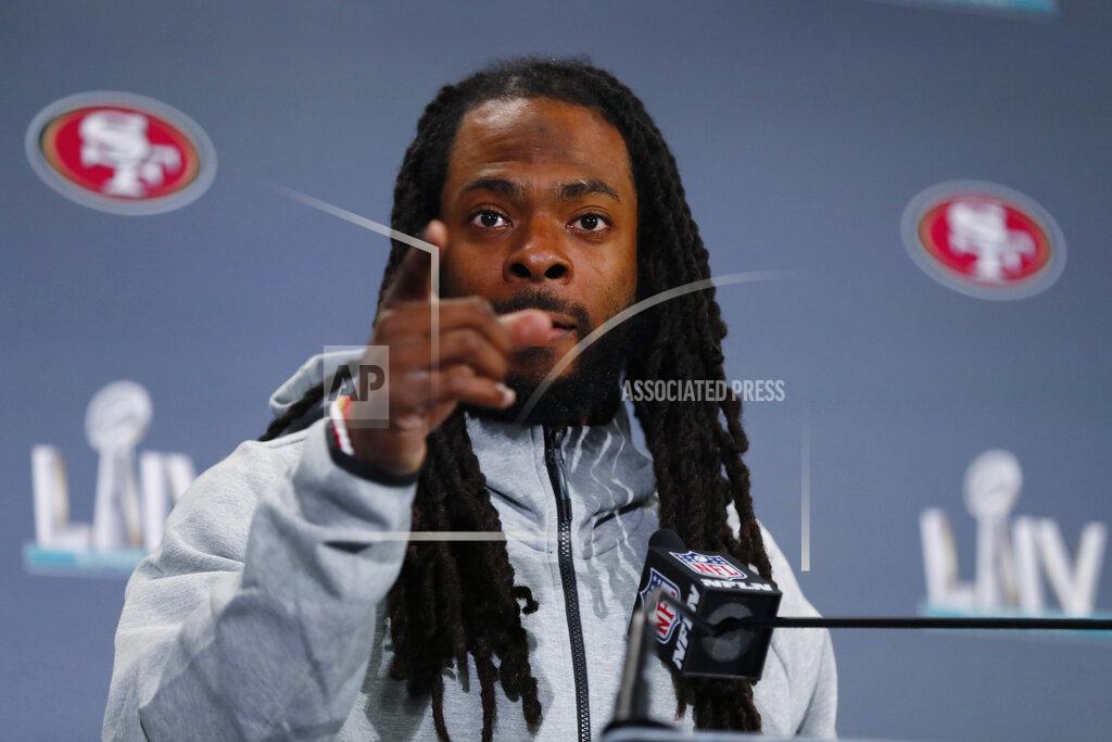Wilfredo Lee San Francisco 49ers cornerback Richard Sherman gestures as he speaks during a media availability, Wednesday, Jan. 29, 2020, in Miami, for the NFL Super Bowl 54 football game against the Kansas City Chiefs. (AP Photo/Wilfredo Lee)