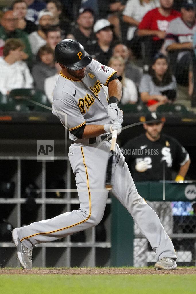 Charles Rex Arbogast Pittsburgh Pirates' Jacob Stallings hits an RBI single off Chicago White Sox relief pitcher Liam Hendriks during the eighth inning of a baseball game Wednesday, Sept. 1, 2021, in Chicago. (AP Photo/Charles Rex Arbogast)
